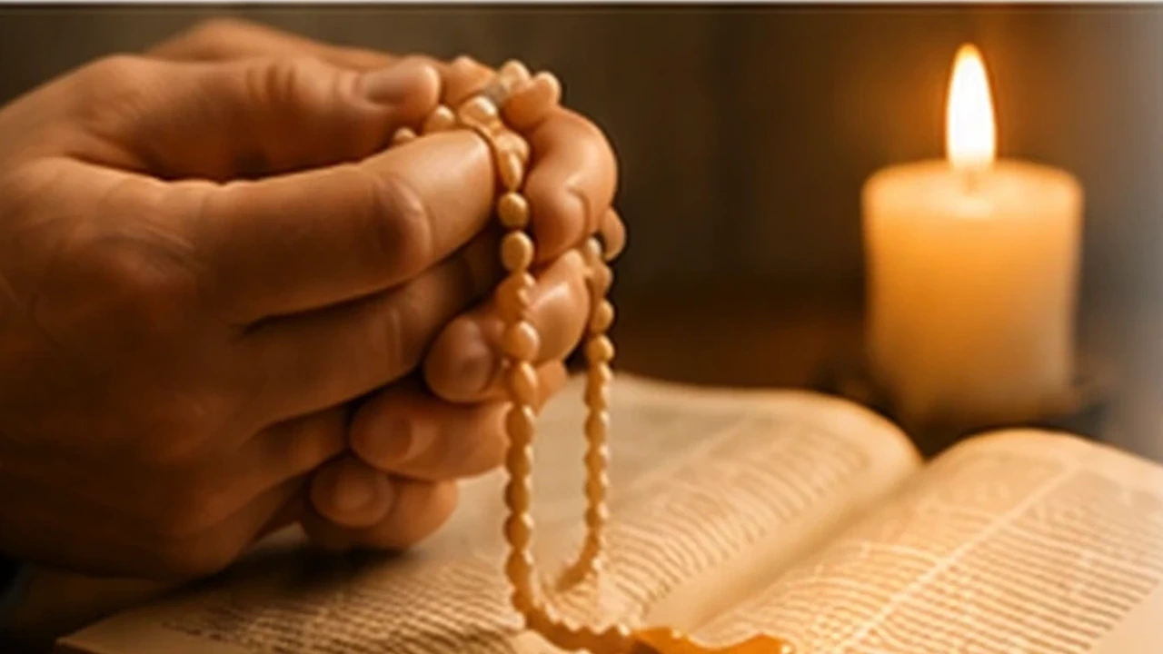 Mãos segurando um terço diante de uma Bíblia e uma vela
